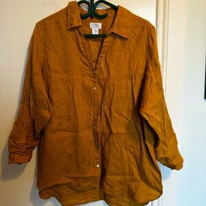 Sigrid Olsen mustard yellow linen button-up top
